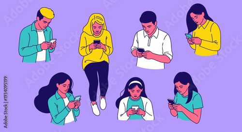 Diverse People Using Smartphones Illustration: Digital Communication, Social Media, and Mobile Technology Lifestyle