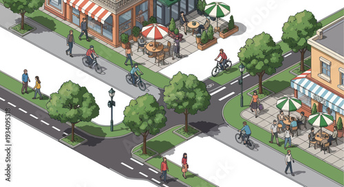 Isometric City Street Scene with People Biking and Dining Outdoors