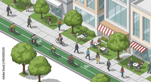Urban Street Scene with Cyclists, Pedestrians, and Outdoor Cafe