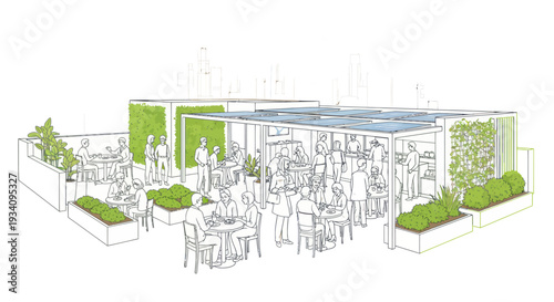 Modern Rooftop Cafe Sketch with Green Walls and Solar Panels