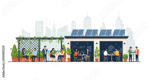 Rooftop Cafe with Solar Panels and Cityscape Background