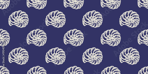 Seamless Mediterranean nautilus shell pattern with elegant white line elements on deep blue background. Coastal marine texture ideal for nautical, beach, summer, ocean and seaside themed projects all.