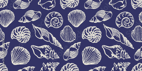Seamless Mediterranean seashell pattern with scallop, conch and spiral shell illustrations in white on blue background. Coastal marine texture perfect for nautical, beach, summer and oceanic projects.