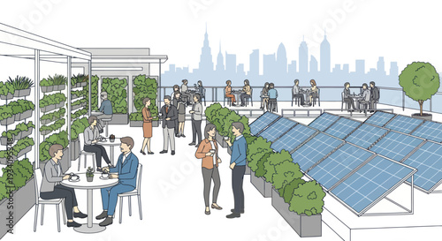 Rooftop garden cafe with solar panels and city skyline, people relaxing and socializing