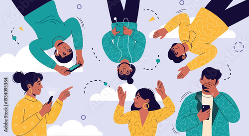 Modern Digital Life & Social Media: Abstract Illustration of People Connecting & Disconnecting with Smartphones