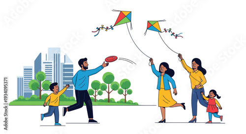 Diverse family flying kites and playing frisbee in a park with city skyline