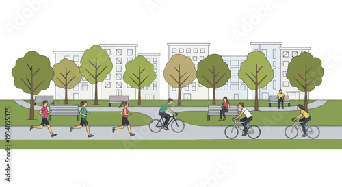 Pixel Art Park Scene: People Jogging, Cycling, and Relaxing in City Green Space
