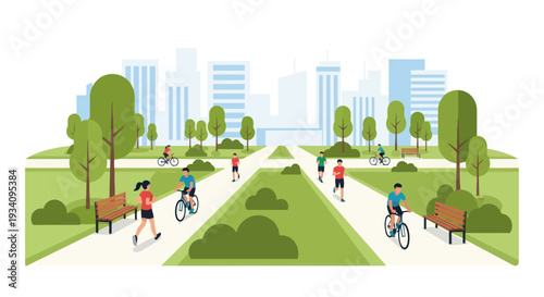 Urban Park Life: People cycling, running, and enjoying leisure in a modern city green space.
