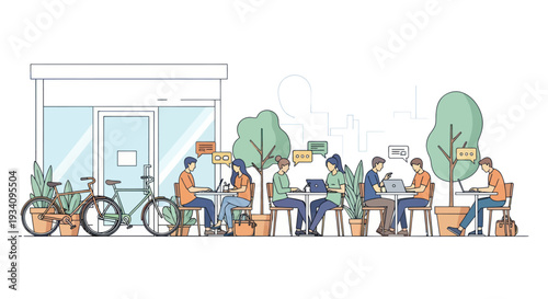 Diverse people working and socializing at outdoor cafe with laptops and bikes