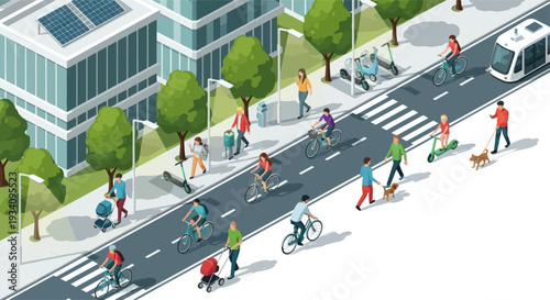 Sustainable Urban Lifestyle: People cycling, scooting, and walking in a modern green city.