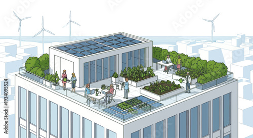 Modern Rooftop Garden with Solar Panels and Wind Turbines, Urban Sustainability Concept