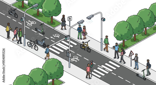 Isometric City Street with Pedestrians, Bikes, and E-scooters