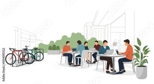 Diverse group working and studying outdoors with laptops and bicycles