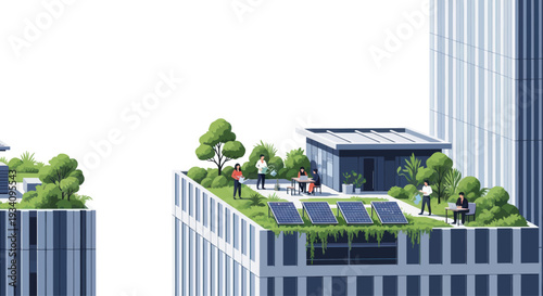 Green Rooftop Oasis: People Relaxing Amidst Urban Gardens and Solar Panels