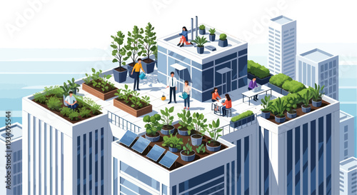 Urban Rooftop Garden Oasis with People and Solar Panels in Cityscape