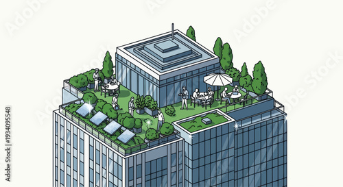 Isometric Rooftop Garden Oasis on Modern Skyscraper with People Relaxing