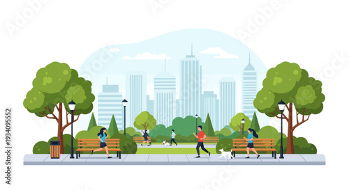 City park scene with people jogging and relaxing, green trees, benches, and cityscape background
