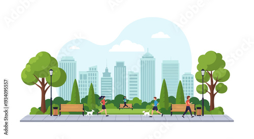 City Park Scene: People Jogging, Dogs Walking, Benches, Trees & Skyline