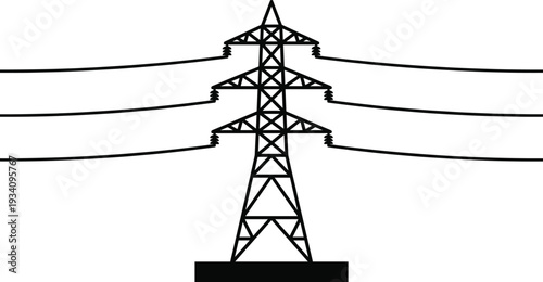 High voltage transmission tower silhouette, black vector illustration of electric power line pylon isolated on white background