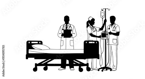 Medical team attending to patient in hospital bed with doctor nurse and equipment