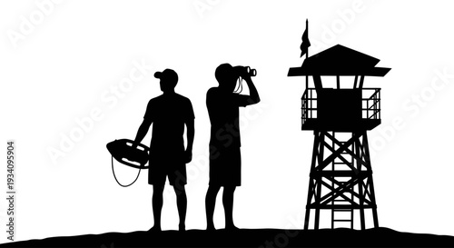 Two men standing beside a lifeguard tower on a beach