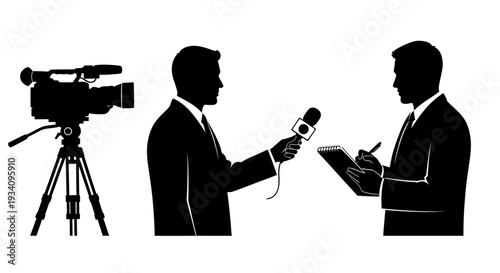 A journalist interviews a man with a microphone and notebook in a press conference setting.