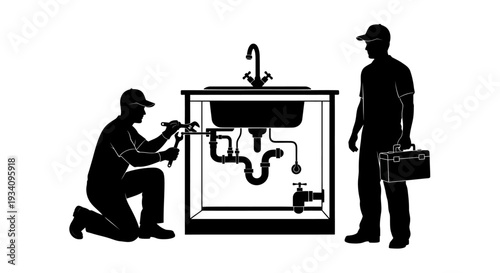 Two plumbers fixing sink pipes in bathroom with tools and equipment
