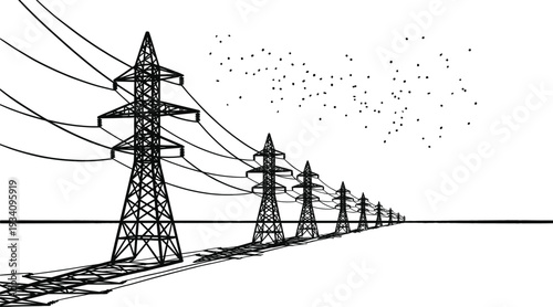 High voltage transmission towers perspective landscape, black and white vector illustration of electric power lines with birds over industrial energy infrastructure