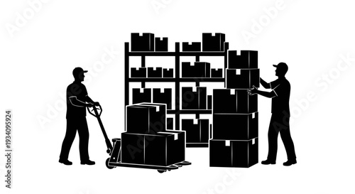 Two workers handle boxes with pallet truck in warehouse