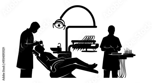 Dentist examines patient on chair while assistant prepares tools nearby