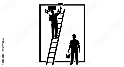 Two workers painting a large wall with a ladder and tools