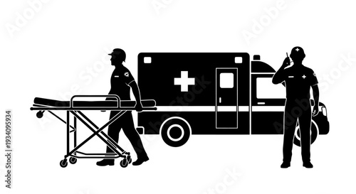 Paramedics transport patient on stretcher to emergency ambulance vehicle