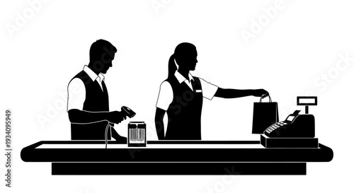 Two store clerks operating a cash register and handing a shopping bag