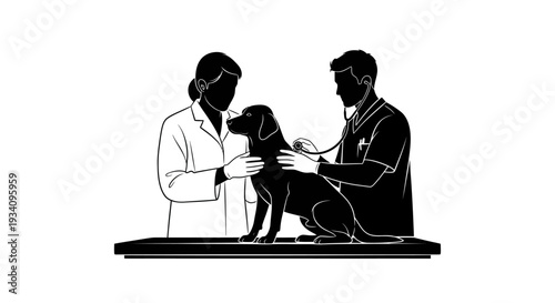 Veterinarian examines dog with owner at clinic indoors