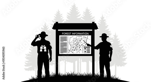 Two park rangers standing beside a forest information map board
