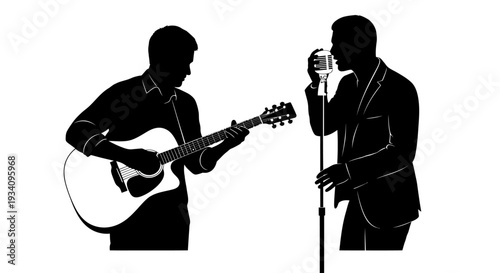 Two musicians performing on stage with guitar and microphone