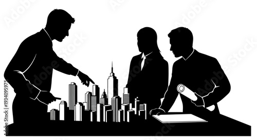 Business professionals discussing city development with architectural model