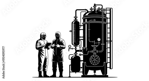 Two workers inspect a large industrial machine in a factory setting