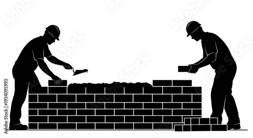 Two construction workers building a brick wall outdoors with tools