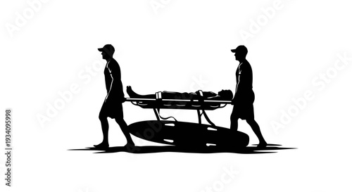 Two men are carrying a stretcher with a person lying on it outdoors
