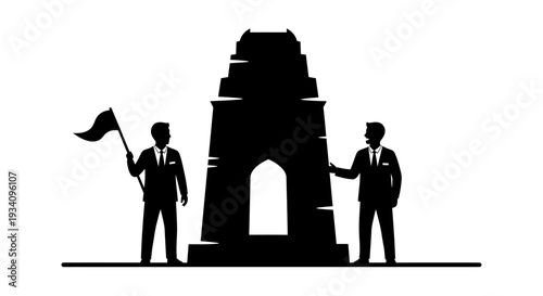 Two businessmen standing beside a large monument with one holding a flag