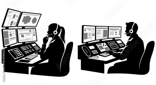 Two people wearing headsets sitting at desks with computer screens and control panels