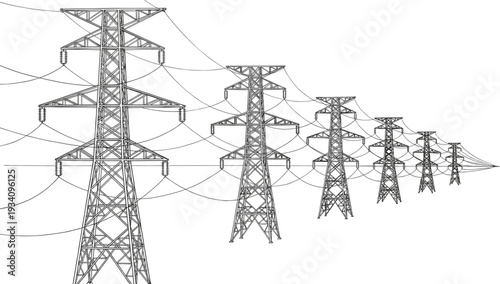 High voltage transmission towers perspective view, black and white vector illustration of electrical power lines and national electricity grid infrastructure network