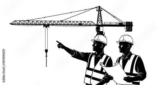 Two construction workers in hard hats pointing at a crane