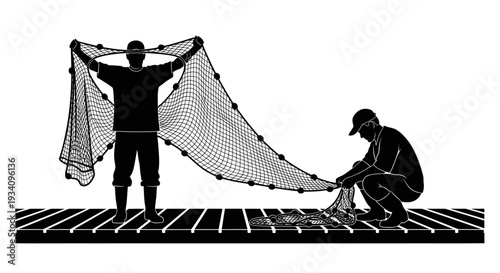 Two men handling a large fishing net on a dock