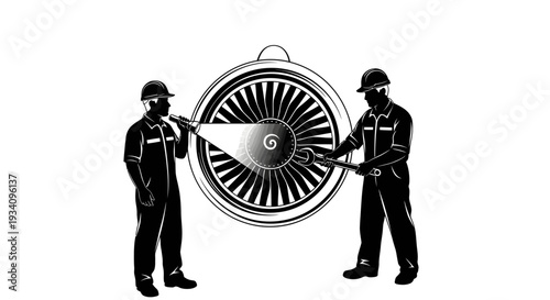 Two mechanics inspect and examine a large airplane engine closely.