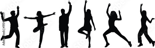 Dynamic silhouettes of diverse people in expressive dance and celebration poses, showcasing individuality, energy, and movement for creative, artistic, and commercial visual projects.