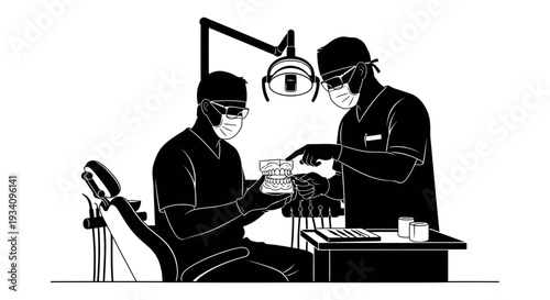 Dentist examines patient's teeth under bright light in clinic