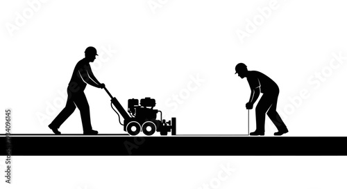 Two men working on lawn with mower and rake outdoors