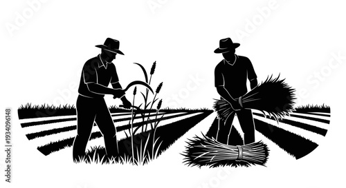 Farmers harvesting crops in a field with tools and hay